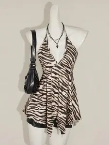 Fashion Women Backless Halter Top Zebra Pattern Fitted Summer Streetwear Going Out Top