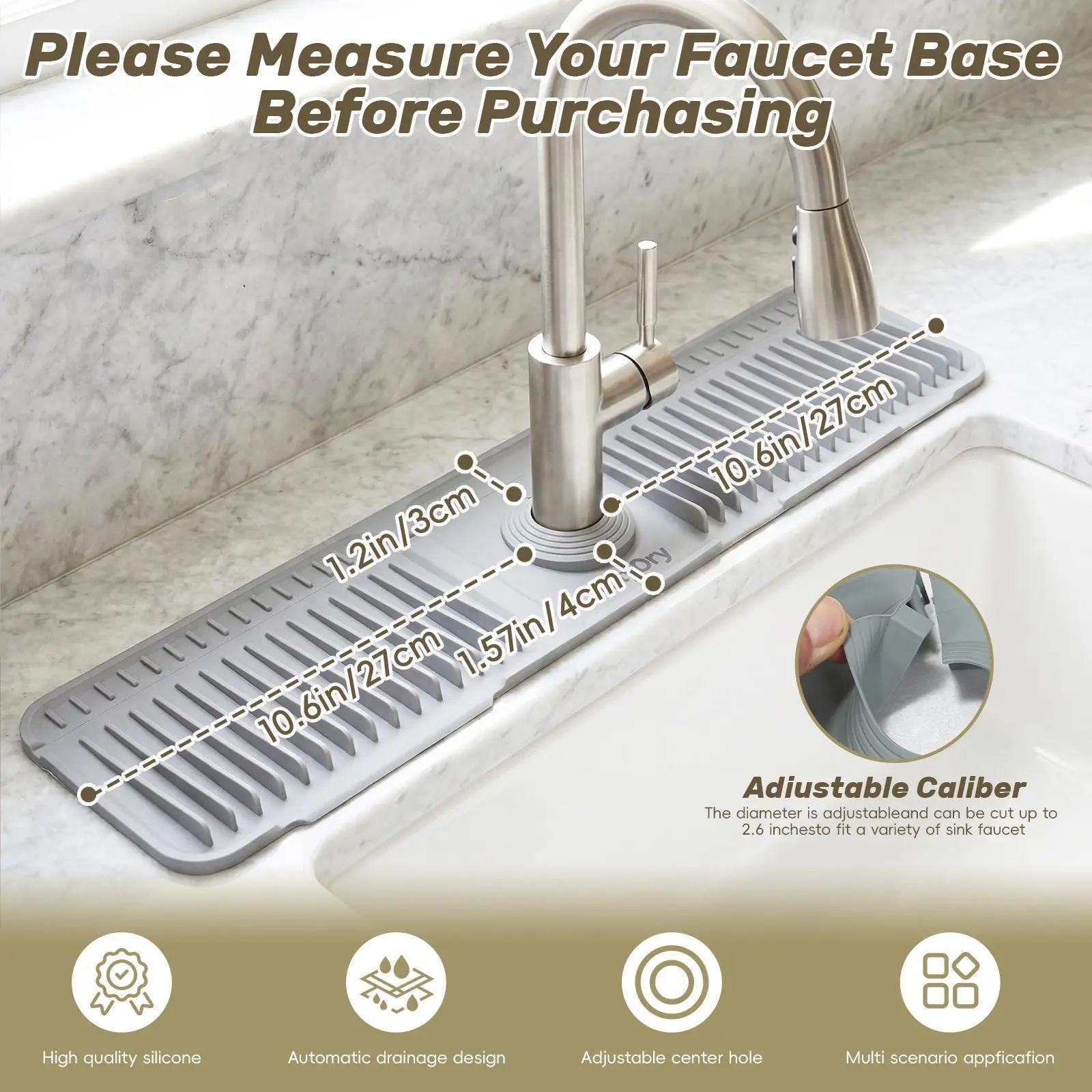 Cuttable Adjustable Silicone Faucet Splash GuardMat, Auto-Drain Quick Dry Drip Collector Tray, Prevents Countertop Water Stains for Kitchen Bathroom Sinks