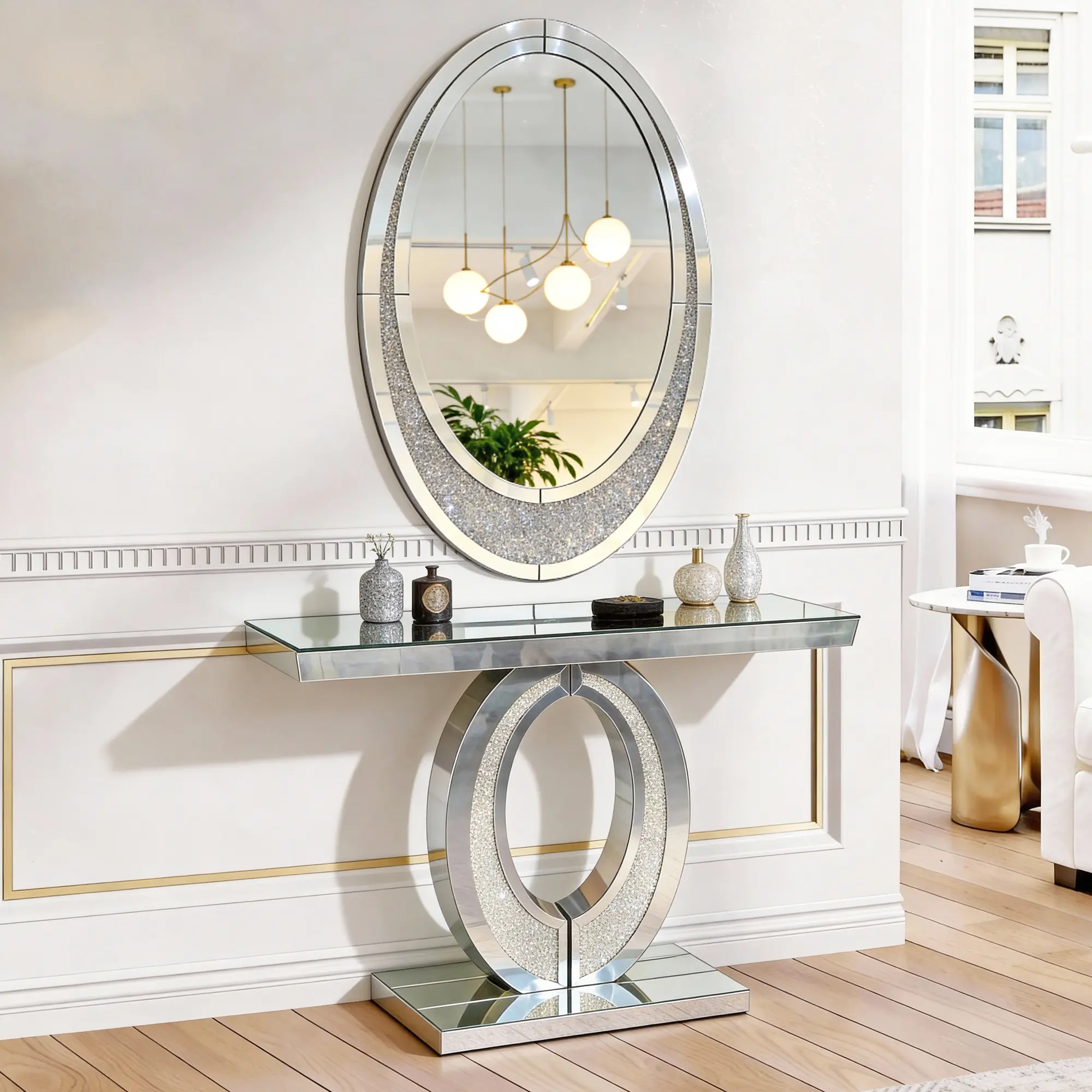 Mirrored Console Table with Oval Wall Mirror Set, Glam Crushed Diamond Inlay Entryway Table & Sparkly Silver Accent Mirror, Modern Luxury Hallway Furniture Set for Living Room, Bedroom, Bathroom, Fireplace Mantel Decor, Elegant Home Decoration