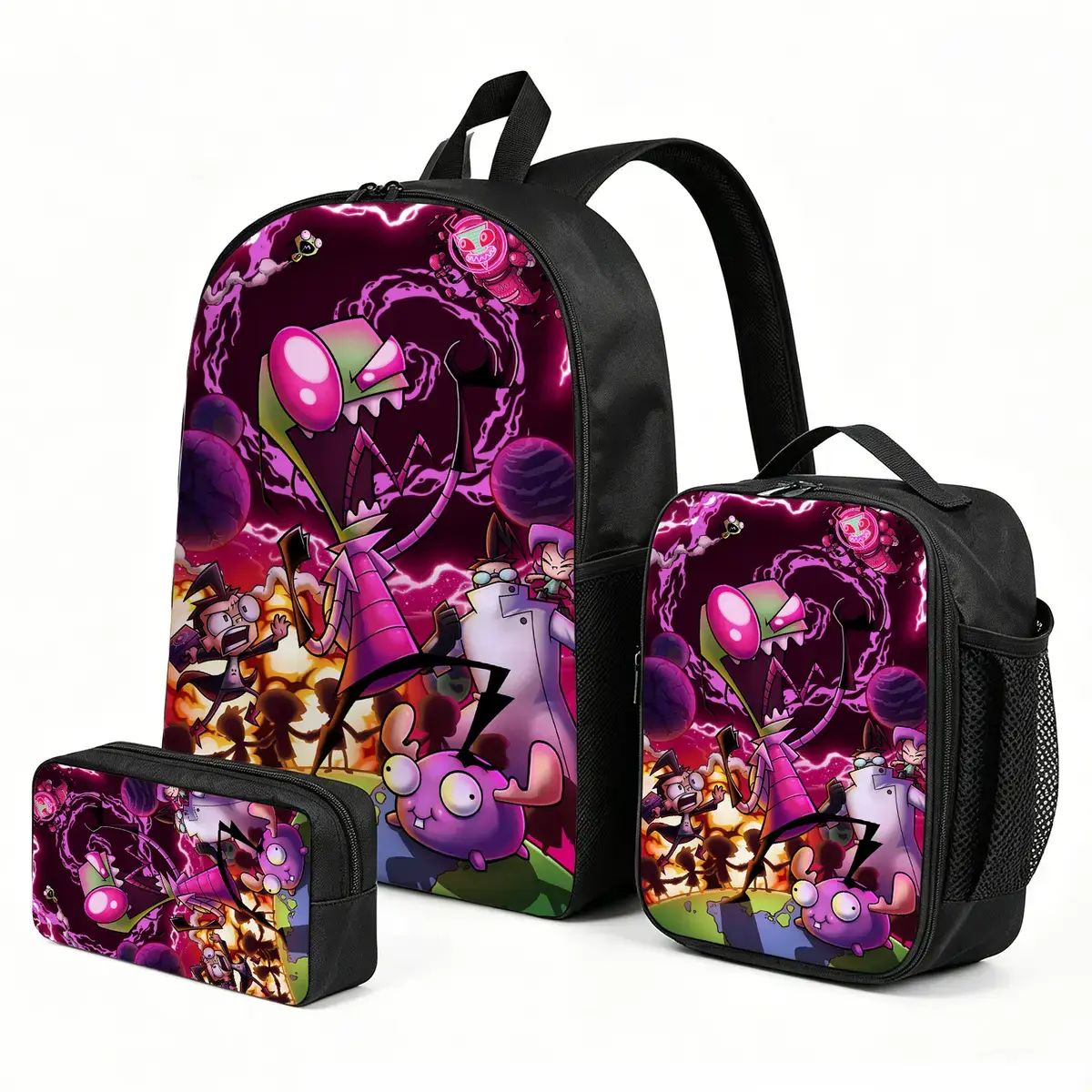 Invader-Zim Graphic Backpack 3-Piece Set - Insulated Lunch Box, Pencil Case, Back to School Haul for Elementary School Boys, Print, Unisex, Set Pack, Character Art, Prop 65 Safe