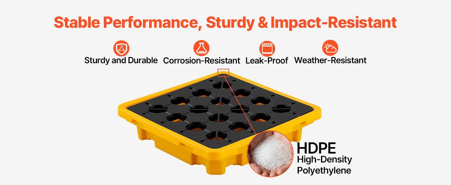 VEVOR Spill Containment Pallet, 1 Drum Low Profile Spill Containment Modular Platform, 11.4 Gallon Sump, 1543 lbs Load Capacity, Heavy-Duty Polyethylene Tray with Drain, 26.4" x 26.6" x 5.9", Yellow#BackToSchool
