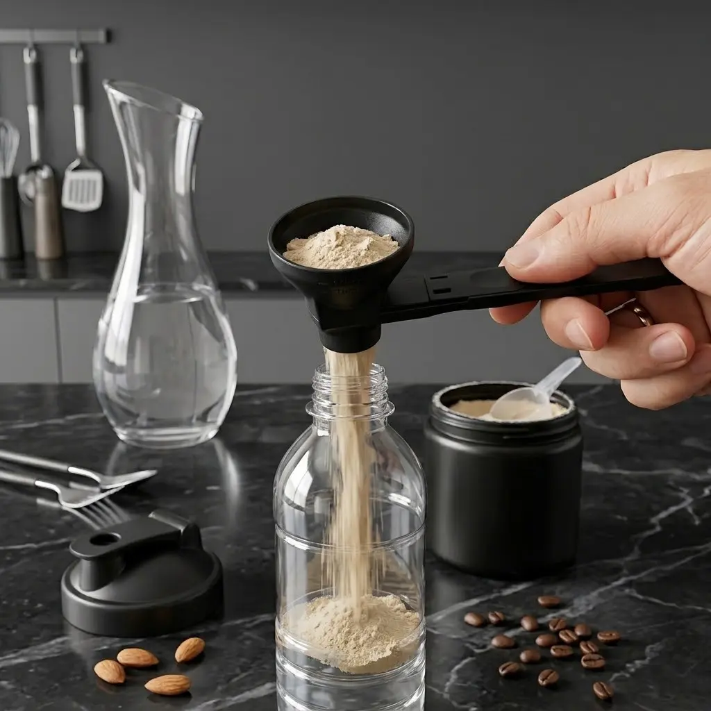 NextQube Powder Pour 2.0 Funnel Scoop Utensil - Slide-to-Pour Tool for Transferring Powder Supplements into Bottles, Utensils