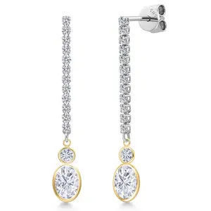 Gem Stone King 14K Two Tone Gold White Moissanite and Lab Grown Diamond Dangle Earrings for Women | 2.48 Cttw | Gemstone Birthstone | Oval 7X5MM