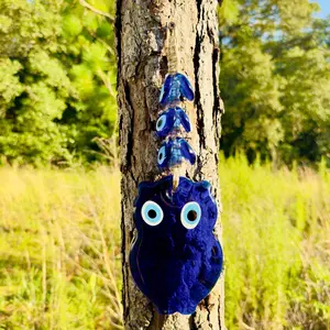 Wall Hangable Macrame Evil Eye Nazar Boncuk Mal De Ojo Decoration -- Owl Shape Amulet with 6 Evil Eyes, Housewarming Gift Glass Decorative