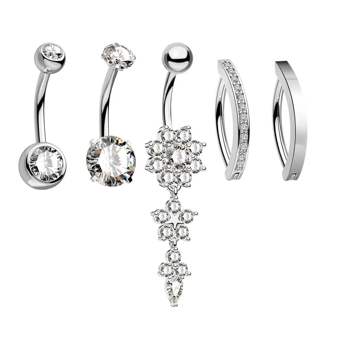 Oufer 5PCS Bundle Belly Button Rings Plain Set with Crystal and Flower Designs for Stylish Piercing Options