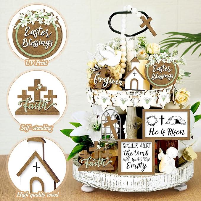 Easter Tiered Tray Decor Wooden Signs Set (No Tray), Rustic Bunny Egg Carrot Jesus Cross Risen Ornaments Cute Durable Layered Tray Signs for Mantel Shelf Table Kitchen Display, Spring Home Easter Decor Christian Family Religious Party Gifts, Date Suppiles