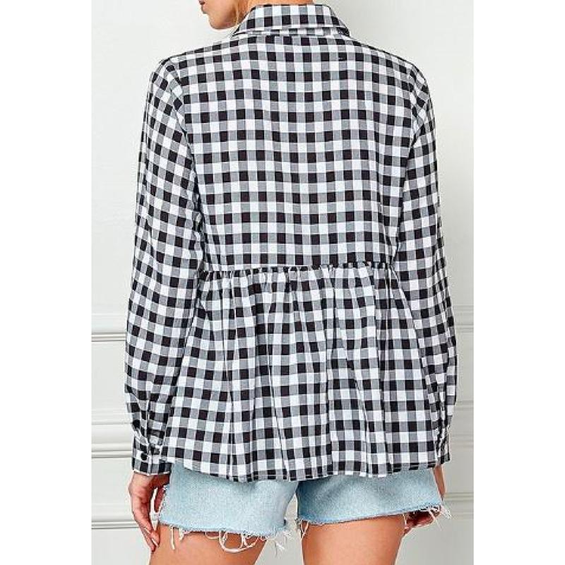 Kierra - Gingham print long sleeve ruffle hem button down shirt - Black