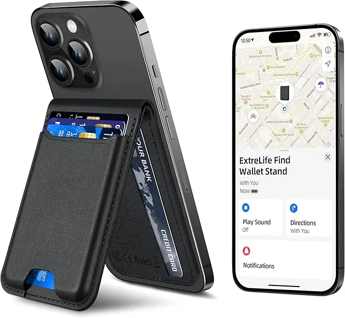 ExtreLife Find Wallet Stand, Magsafe Wallet Stand, Wallet Stand for iPhone, magnetic wallet stand, Strongest Magnetic Wallet for iPhone 16/15/14/13/12 Series, WalletTracker, 6 Cards Holder, Vegan Leather, Black
