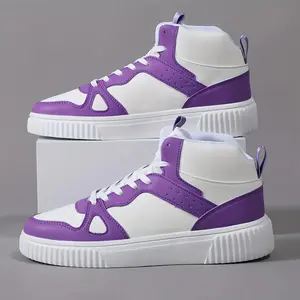 OLOEY Men's High-Top Casual Sneakers - White & Purple Upper, Breathable Fabric Lining, EVA Cushioned Sole, Lace-Up Design for All-Season Comfort & Casual Attire, High Top Sneakers, Allseason Footwear, Modern Hightops, Durable Footwear