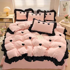 Valentine's Day Heart Embroidered Bedding Set, Includes 1 Fitted Sheet and 2 Pillowcases, Soft Comfortable Home Bedroom Accessories