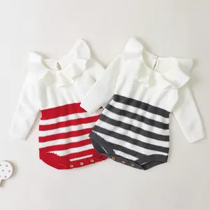 Baby Girl's Romper Knitting Striped Stitching Lotus Leaf Round Neck Long-Sleeved Warm Snap Button Closure Jumpsuit