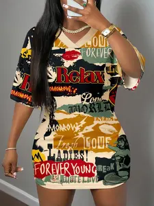 1 Piece Graffiti Print T-Shirt Dress, Oversized V-Neck & Stretch Fabric, Casual Comfortable for Errands & Hangouts