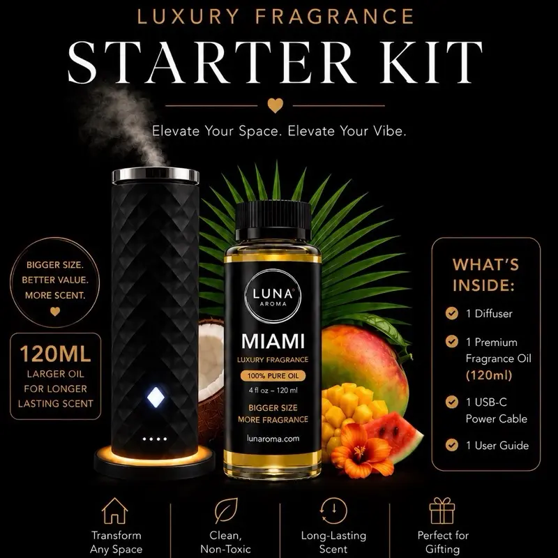 LUNA AROMA Luxury Home Fragrances Kit - Modern Ultra-Quiet Waterless Aromatic Device with Remote Control Ease, 120ml Premium Clean Non-Toxic Long-Lasting Luxury Fragrance Oils for Room Freshening, TikTok Exclusive