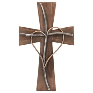 212 MAIN Antique Religious Wall Decor Rustic Wooden Cross - 17.75x11 in, Heart-Cross Design, Silver-Tone Metal Accent, Ideal Gift for Home or Office Furniture Settings