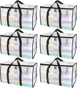 6 Pack Oversized Heavy Duty Moving Storage Bags, Clear Clothes Storage Totes with Reinforced Handles & Zipper Closure for Moving, Dorm Room, Travel & Home Organization