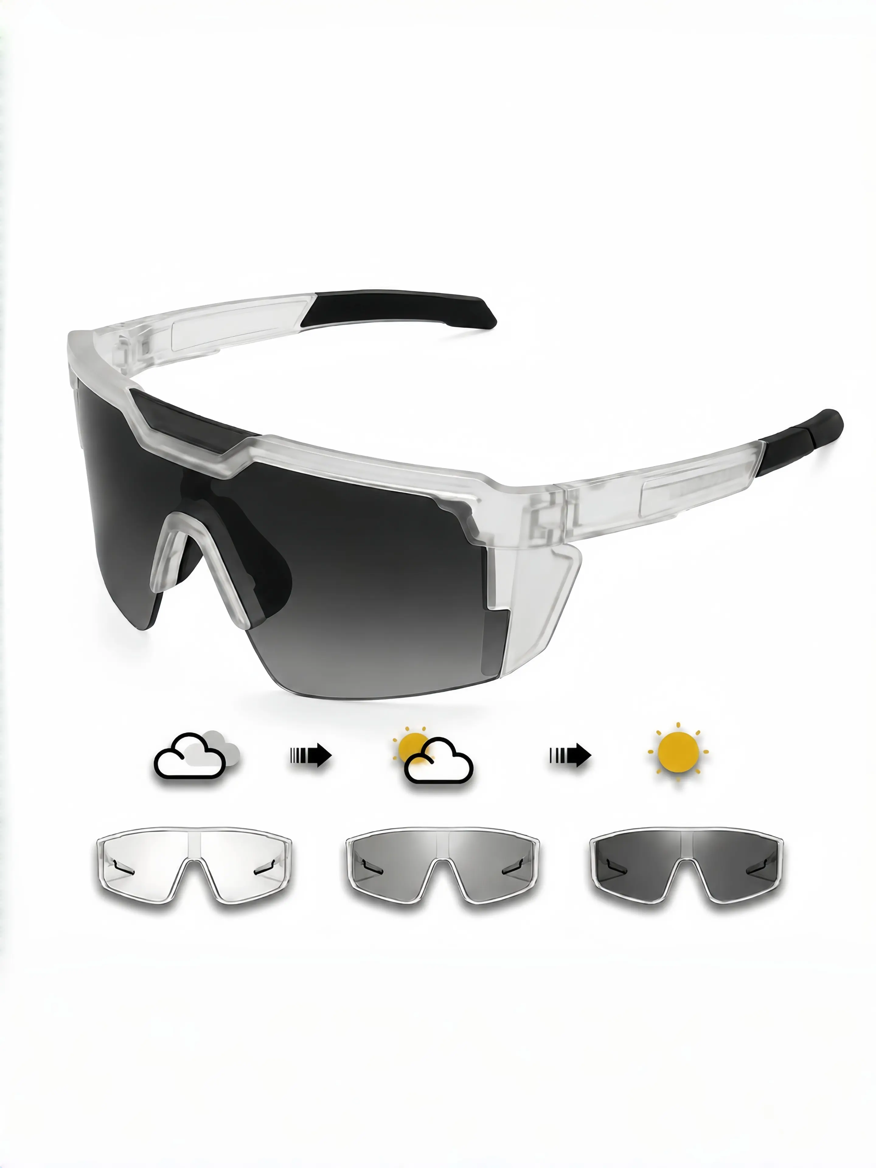 Z87 Photochromic Sports Sunglasses for Men and Women, UV400 Wraparound Safety Glasses, Clear Frame Lightweight Shield Eyewear for Cycling, Running and Outdoor Activities Tee