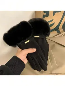 Soft Warm Women's Winter Gloves Touchscreen Compatible Polyester Faux Fur Trim for Outdoor Activities Hand Wash Only