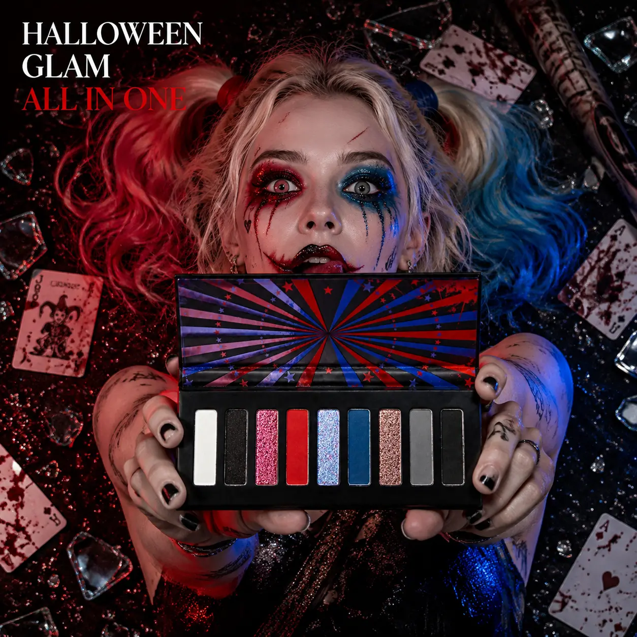 Halloween Eyeshadow Palette, 9-Color High Pigment Matte & Shimmer Makeup, Waterproof Face and Eye Paint Kit for Dark Circus Clown, Harley Quinn Cosplay, Vibrant Red Blue Pitch Black Pure White Silver Glitter, Long Lasting Party SFX Beauty Palette Gifts.