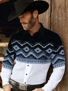 Men's Western Cowboy Style Navajo Geometric Print Long Sleeve Shirt, Vintage Patchwork Colorblock Casual Button Front Top