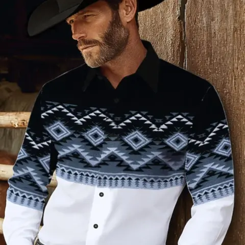 Men's Western Cowboy Style Navajo Geometric Print Long Sleeve Collared Shirt, Vintage Patchwork Colorblock Casual Button Front Top, Casual Wear, Casual Button Shirts