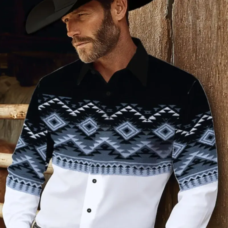 Men's Western Cowboy Style Navajo Geometric Print Long Sleeve Collared Shirt, Vintage Patchwork Colorblock Casual Button Front Top, Casual Wear, Casual Button Shirts