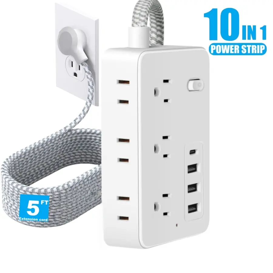 Power Strip Surge Protector, 6 Outlets with 4 USB Ports (1 USB C), Multi Plug Wall Outlet Extender, 5Ft Braided Extension Cord Charging Station, Small Power Strip for Travel Home Office College Dorm