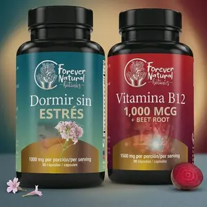 Dormir Sin Estrés & Vitamina B12 Duo day and night solution, sleep aid, and focus 180 capsules, 90 per bottle ingredients like melatonin, valerian, linden, chamomile, vitamins B's and B12 plus beet root Dietary Supplement Natural