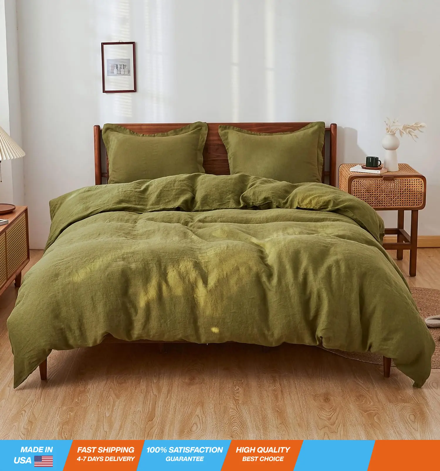 Simple&Opulence 100% Linen Duvet Cover Set with Washed-French Flax-3 Pieces Solid Color Basic Style Bedding Set-Breathable Soft Comforter Cover with 2 Pillowshams (Olive Green, King)
