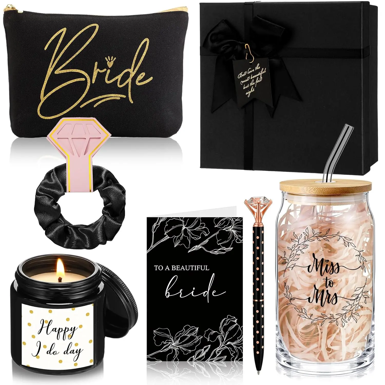 Wedding Gifts Bride Bridal Shower Gift Including Mrs Can Shaped Drinking Glass with Straw Makeup Bag Crystal Pen Scented Candle Scrunchies Raffia Card Gift Box for Engagement Party
