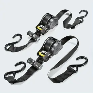 Retractable Ratchet Tie-Downs (2-Pack), guaranteed maximum breaking strength of 1500 pounds. 1" x 10' automatic retractable tie-downs with padded handles, used to secure freight motorcycles during transportation.