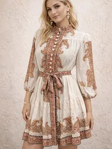 Vintage Paisley Print Long Sleeve Shirt Dress for Women, Button Front Collared Boho Dress with Adjustable Waist Tie, French Cottagecore Above or On Knee Dress, Elegant Casual Summer Dress for Date Night, Vacation, Garden Party, Wedding Guest