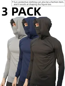 Men's 2-in-1 Masked Athletic Hoodie (3-Pack) - Camo Gaiter Collar, Muscle Fit Performance Gym Pullover with Thumbholes for Training Running