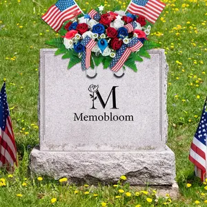 Headstone Flower Saddle Arrangements - Artificial Cemetery Flowers  Memorial Day Sympathy Floral for Outdoor Gravestone Decorations (Red White Royal Blue),250th Anniversary USA Decorations - Artificial Patriotic Cemetery Flowers for Grave