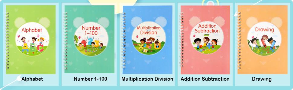 Magic Grooved Handwriting Practice Copybooks 5-Pack for Kids Ages 3-8 Reusable Tracing Workbooks with Pens Montessori Early Learning Letter Number Tracing Math Drawing Preschool Educational Gift