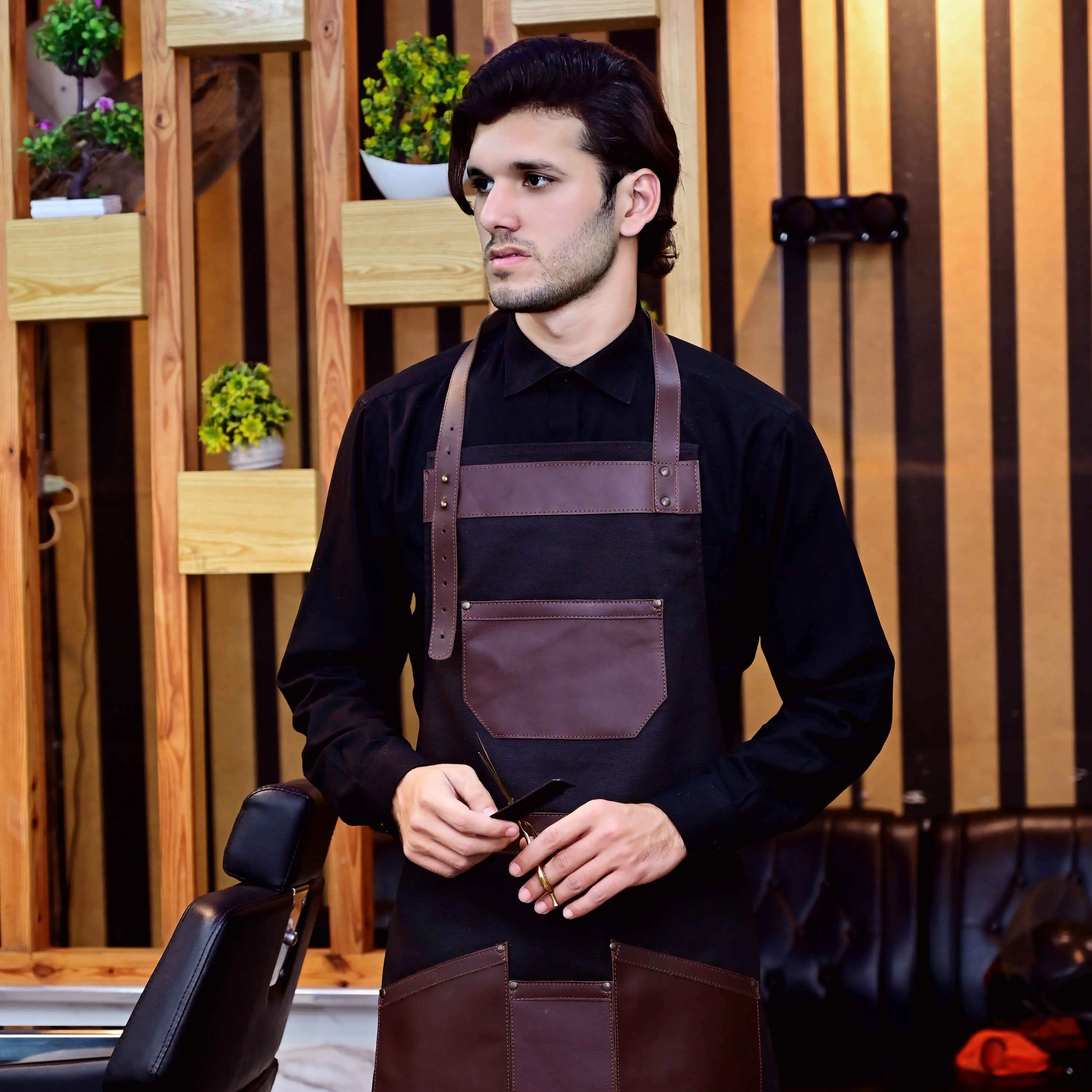 Personalized Full Grain Leather Green Canvas Apron Butcher Apron - Cook Apron - BBQ Apron - Cooking Apron, Barber Apron Christmas gift Apron