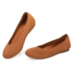 Flatgios Women's Ballet Flats Knitted Round Toe Flat Women's Walking Shoes Comfortable Casual Shoes Orange-8.5
