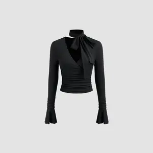 Cider [size 2-10] V-neck Solid Lettuce Trim Ruched Long Sleeve Top With Scarf