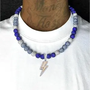 Iced Bling Disco Ball Rhinestone Pollyanna Crystal Bead Baseball Softball Necklace Carolina Blue + Lightning Pendant