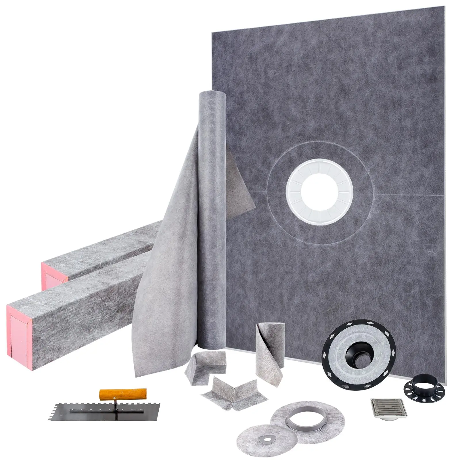 【summerfinds】VEVOR Shower Curb Kit, 38\"x60\" Watertight Shower Curb Overlay with 4\" ABS Central Bonding Flange, 4\" Stainless Steel Grate, 2 Cuttable Shower Curb and Trowel, Shower Pan Slope Sticks Fit for Bathr