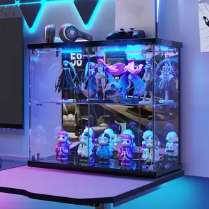 FREDEES Lighted Clear Glass Display Case - for Figures & Collectibles, Small 2-Tier Display Cabinet with Charging Station, LED Display Box with Lights & Human Sensor, for Model Car, Perfume, Black Art Figurine Articulating Figurines