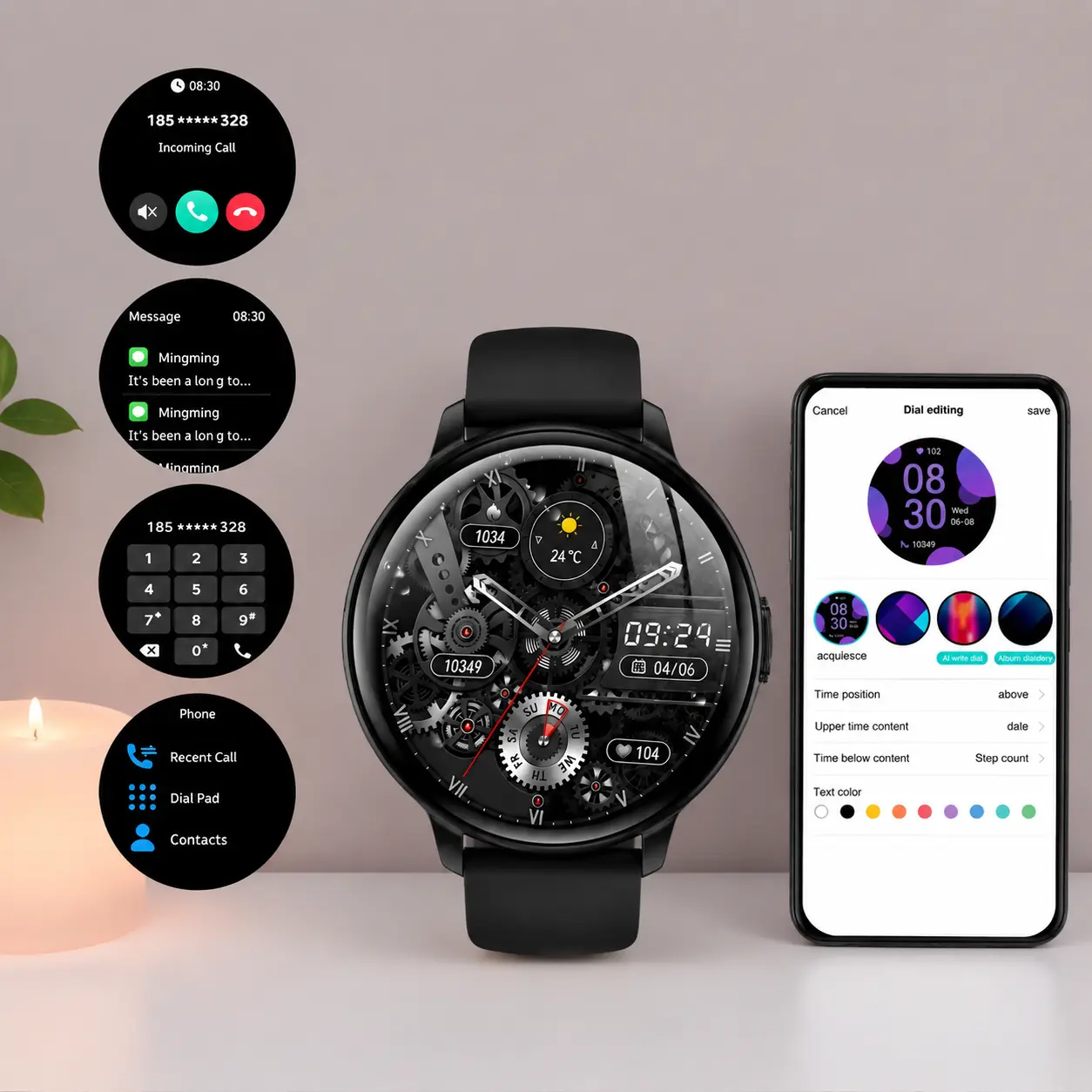 Round Smartwatch - Unisex Multifunctional Smartphone Accessory, Compatible with iPhone and Android, Supports Wireless Calling, IPX8 Waterproof