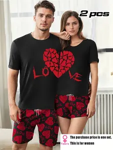 Couple's with Skull Rose Heart Print, Short Sleeve Top and Pants for Valentine's and Halloween, Casual All Seasons Homewear