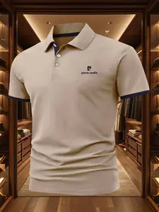Men's Short Sleeve Polo Shirt, Casual Business Style, Pierre Cardin Pattern Print, Summer Fitted Knit Fabric, Micro Elastic Comfort