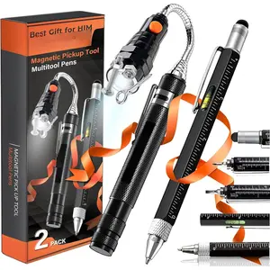Pickup Tool and 6 in 1 Multitool Pen with Touch Screen Stylus, Rulers, Bubble Level, Flathead, Phillips , Ballpoint Pen, Christmas Gifts Stocking Stuffers for Men, Teen Boys, 2Pack