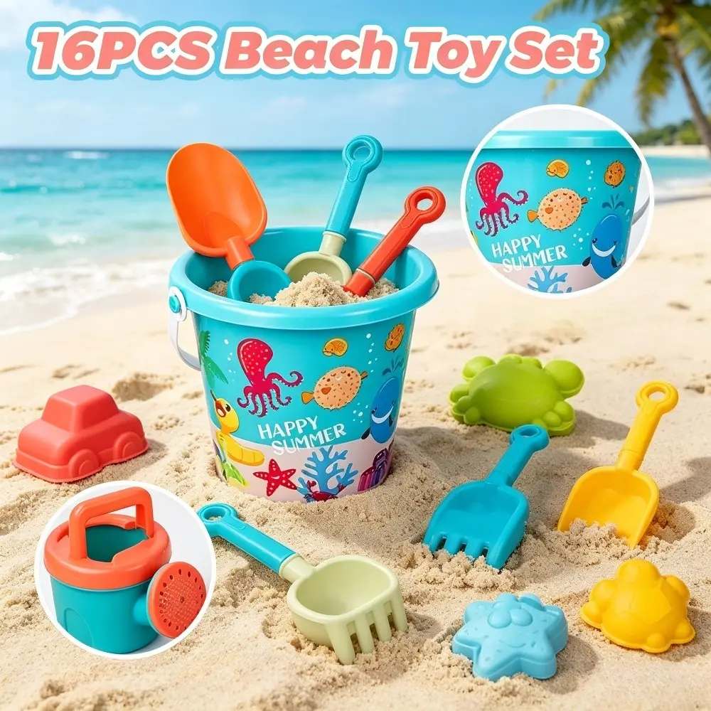 16pcs Children's Beach Toy Set - Summer Outdoor Sandpit & Play Tools Including Bucket, Shovel, Rake, Watering Can, Animal Sand Molds, Car Sand Molds - Ideal for Beach, Pool - Boys & Girls Summer Birthday Gifts