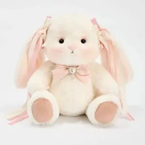 Getahug Rosie The White Jointed Bunny Stuffed Plushies, Handmade Stuffed Animal with Pink Ribbon & Pearl Necklace, Plushies Gift for Toys & Hobbies Enthusiasts