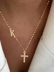 Women's Stainless Steel Letter Pendant Necklace, Casual Style Zircon Cross Initial Charm Jewelry for All Seasons, Zirconia Cross Pendant, Cross Necklaces