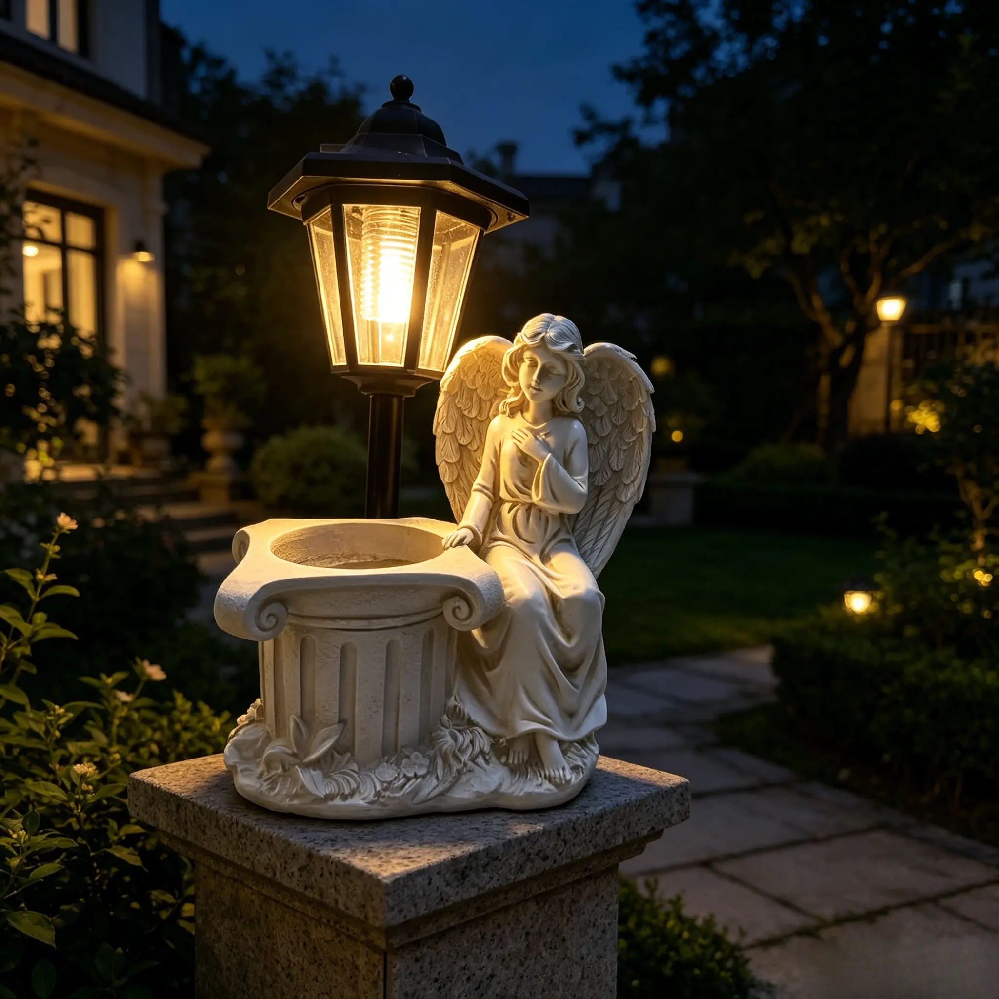 Solar Outdoor Lights 12.99in Polyresin Angel Figure Flower Pot, Automatic Light Garden Sculpture for Succulent Cultivation, Outdoor Decor (No Artificial Flowers), 12.99 Inches