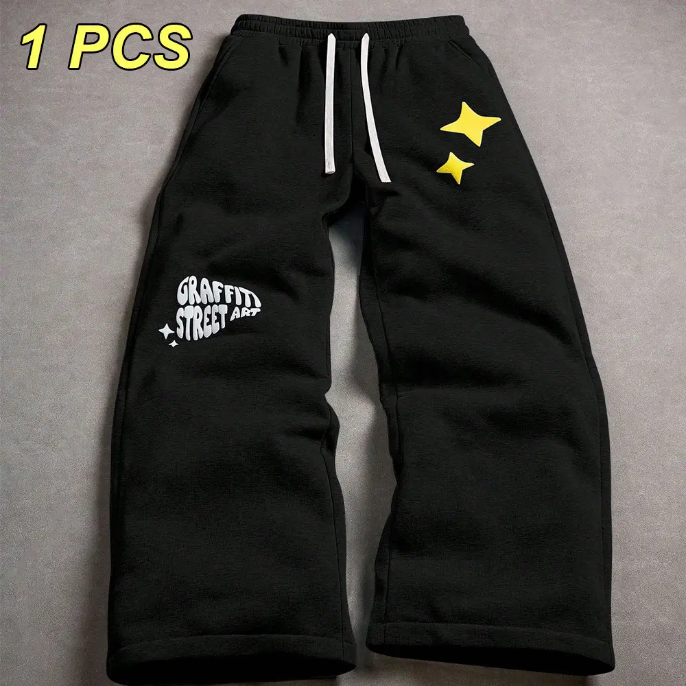 Men’s casual athletic sweatpants with star graffiti design; loose straight wide-leg joggers featuring a unique star print that creates a slimming, height-enhancing effect; versatile street hip-hop style with an adjustable drawstring elastic waistband; sui