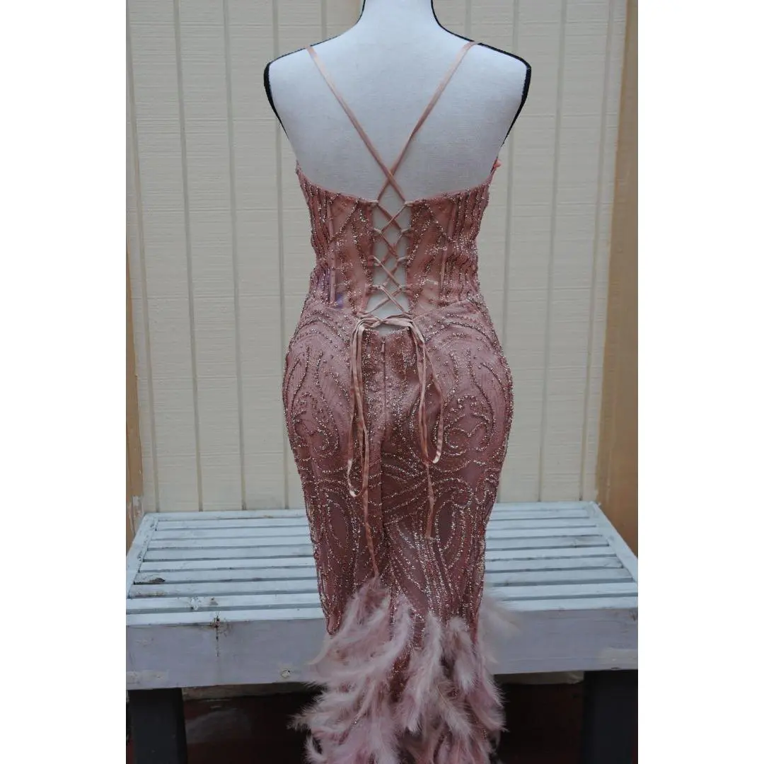Terani Couture Blush Feathered Beaded Gown M
